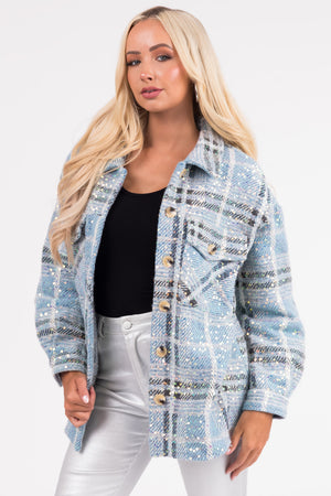 Sky Blue Sequined Plaid Button Down Shacket