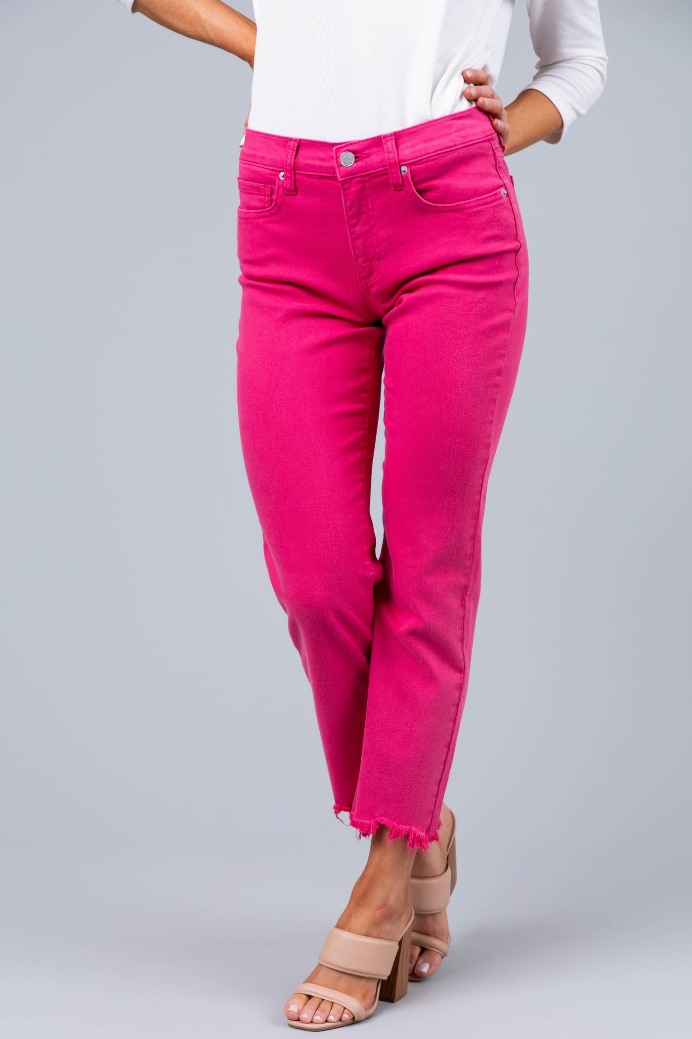 Sneak Peek Magenta Mid Rise Frayed Hem Jeans
