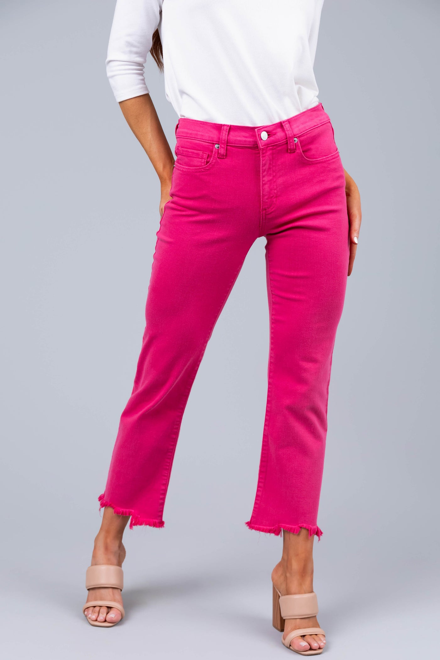 Sneak Peek Magenta Mid Rise Frayed Hem Jeans