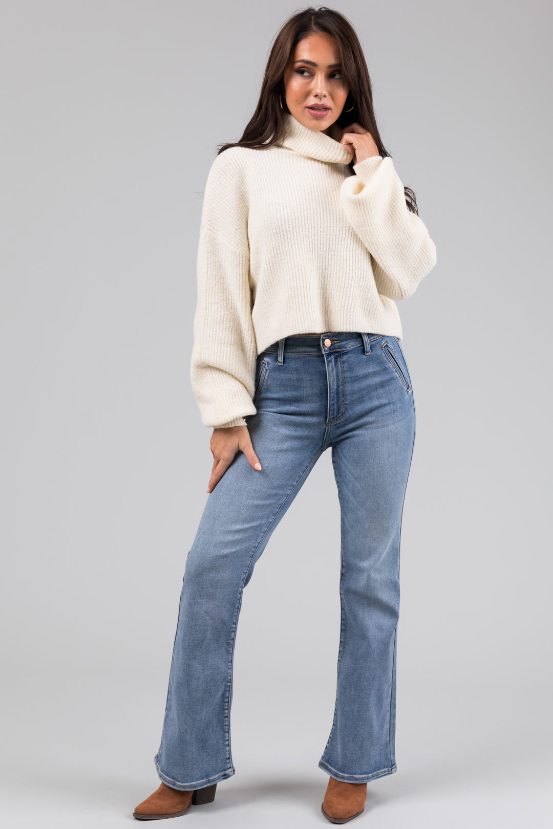 Sneak Peek Medium Light Wash Stretchy Slim Bootcut Jeans