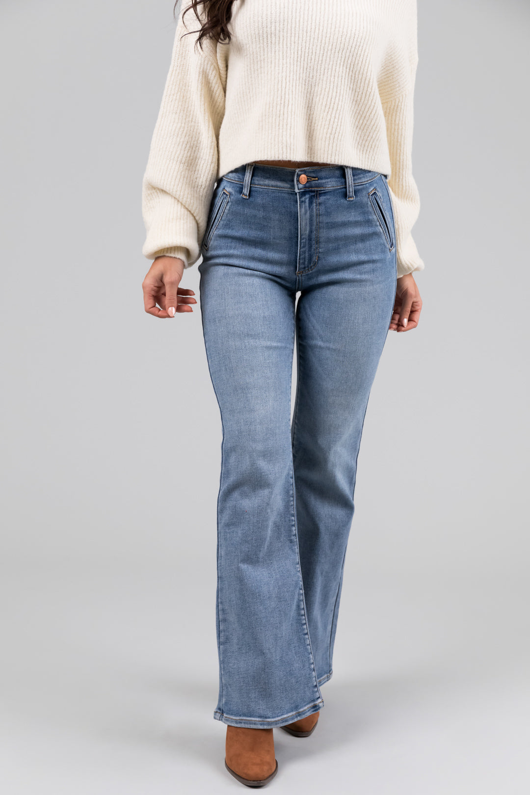 Sneak Peek Medium Light Wash Stretchy Slim Bootcut Jeans