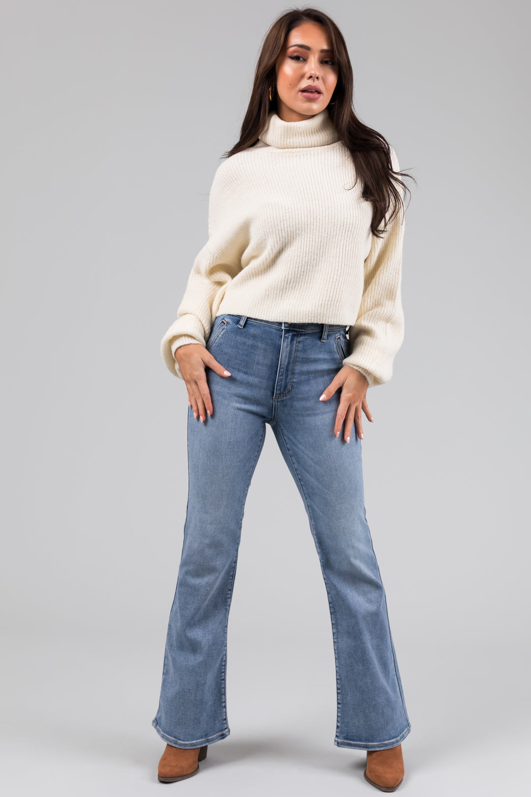 Sneak Peek Medium Light Wash Stretchy Slim Bootcut Jeans