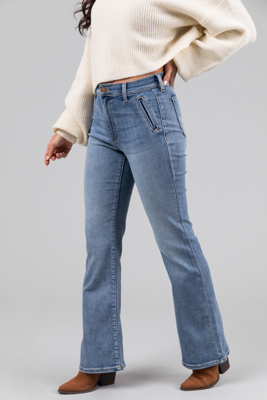 Sneak Peek Medium Light Wash Stretchy Slim Bootcut Jeans