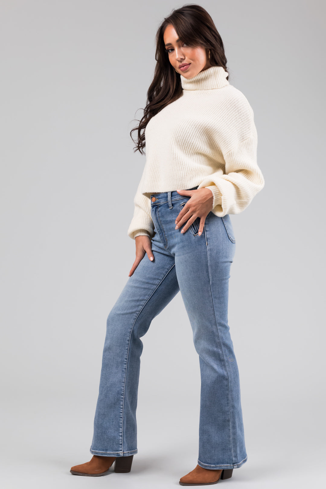 Sneak Peek Medium Light Wash Stretchy Slim Bootcut Jeans