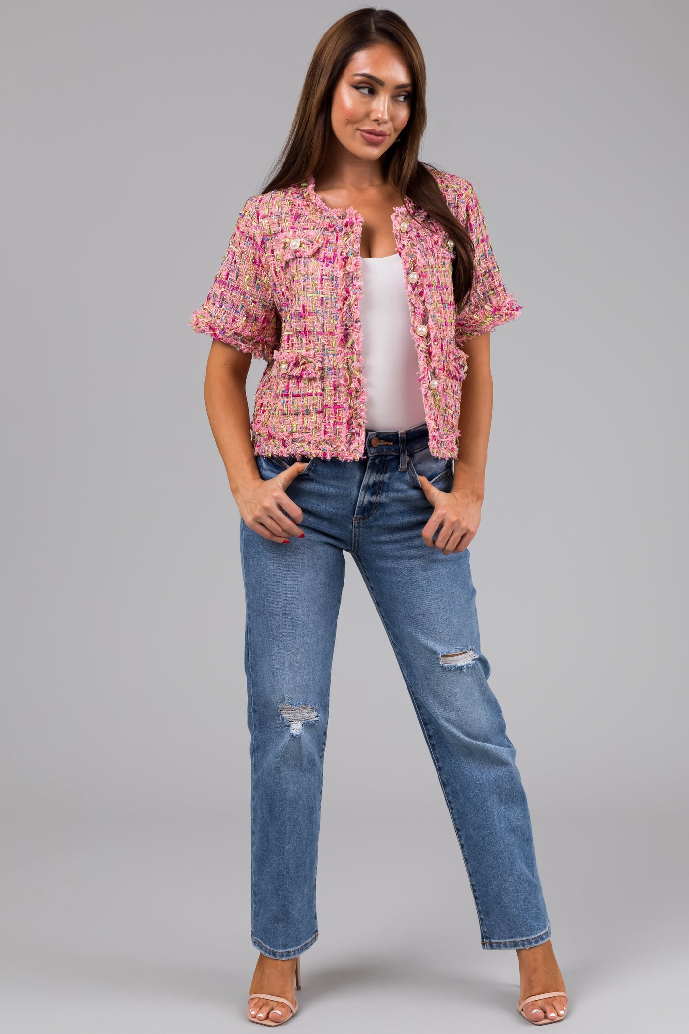 Sneak Peek Medium Wash High Rise Distressed Knee Jeans