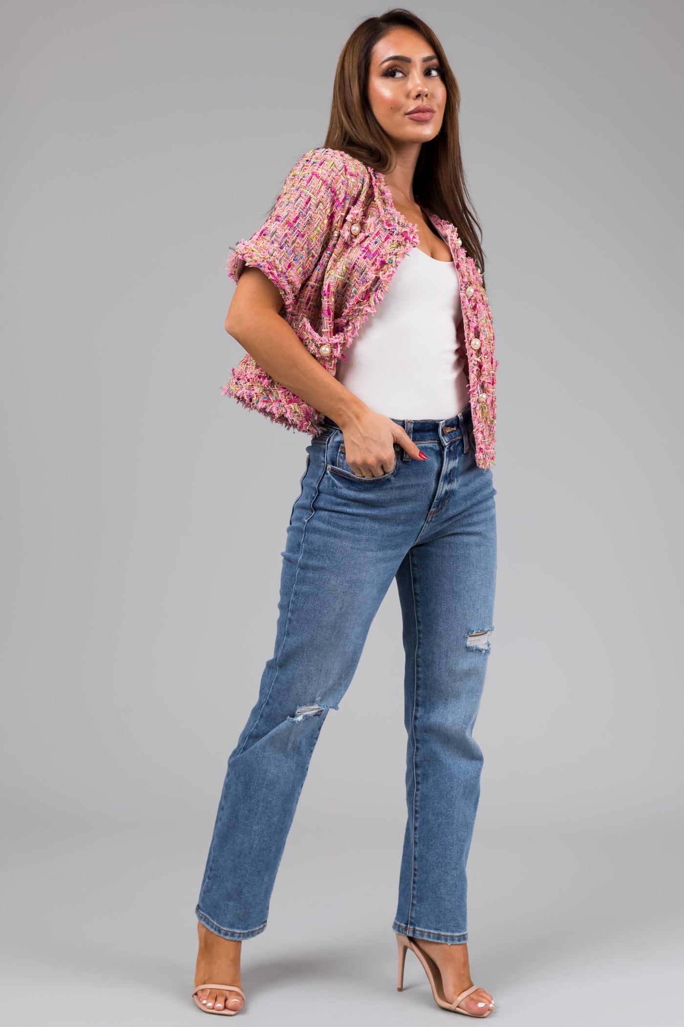 Sneak Peek Medium Wash High Rise Distressed Knee Jeans