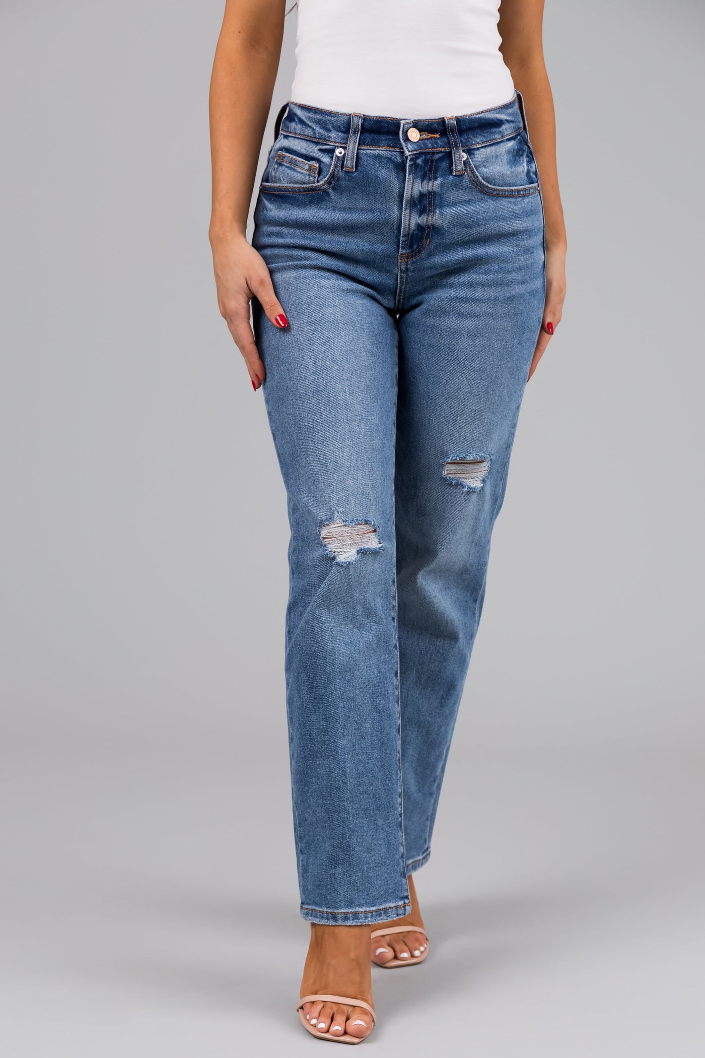 Sneak Peek Medium Wash High Rise Distressed Knee Jeans