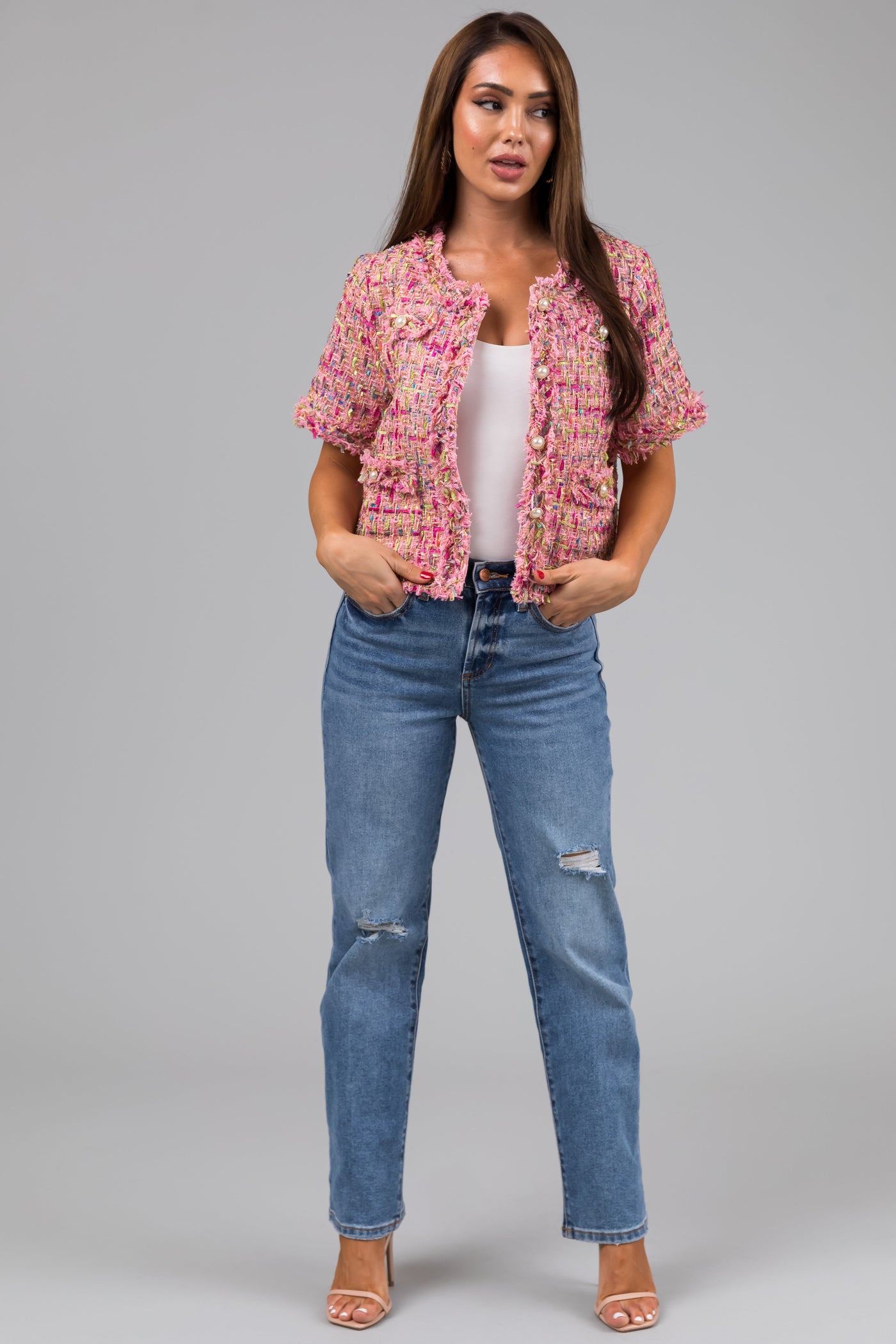 Sneak Peek Medium Wash High Rise Distressed Knee Jeans