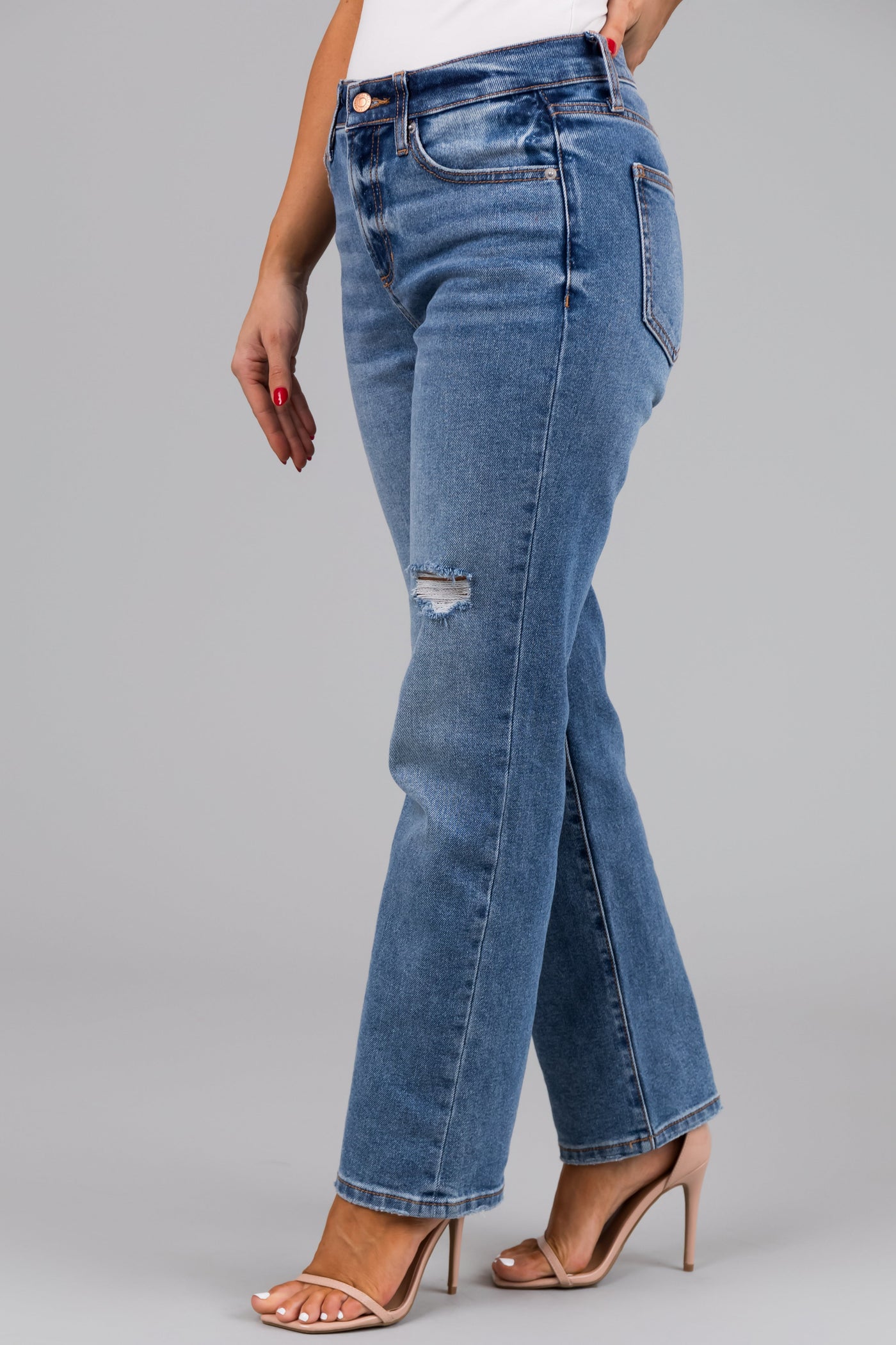 Sneak Peek Medium Wash High Rise Distressed Knee Jeans
