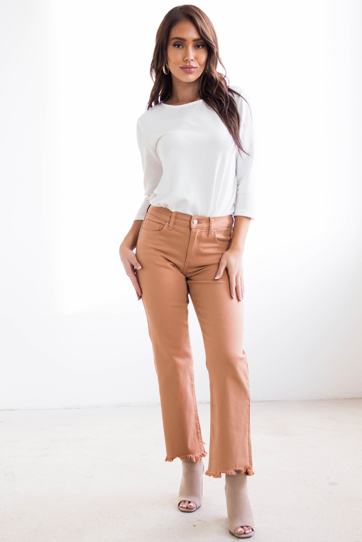 Sneak Peek Melon Mid Rise Frayed Hem Jeans