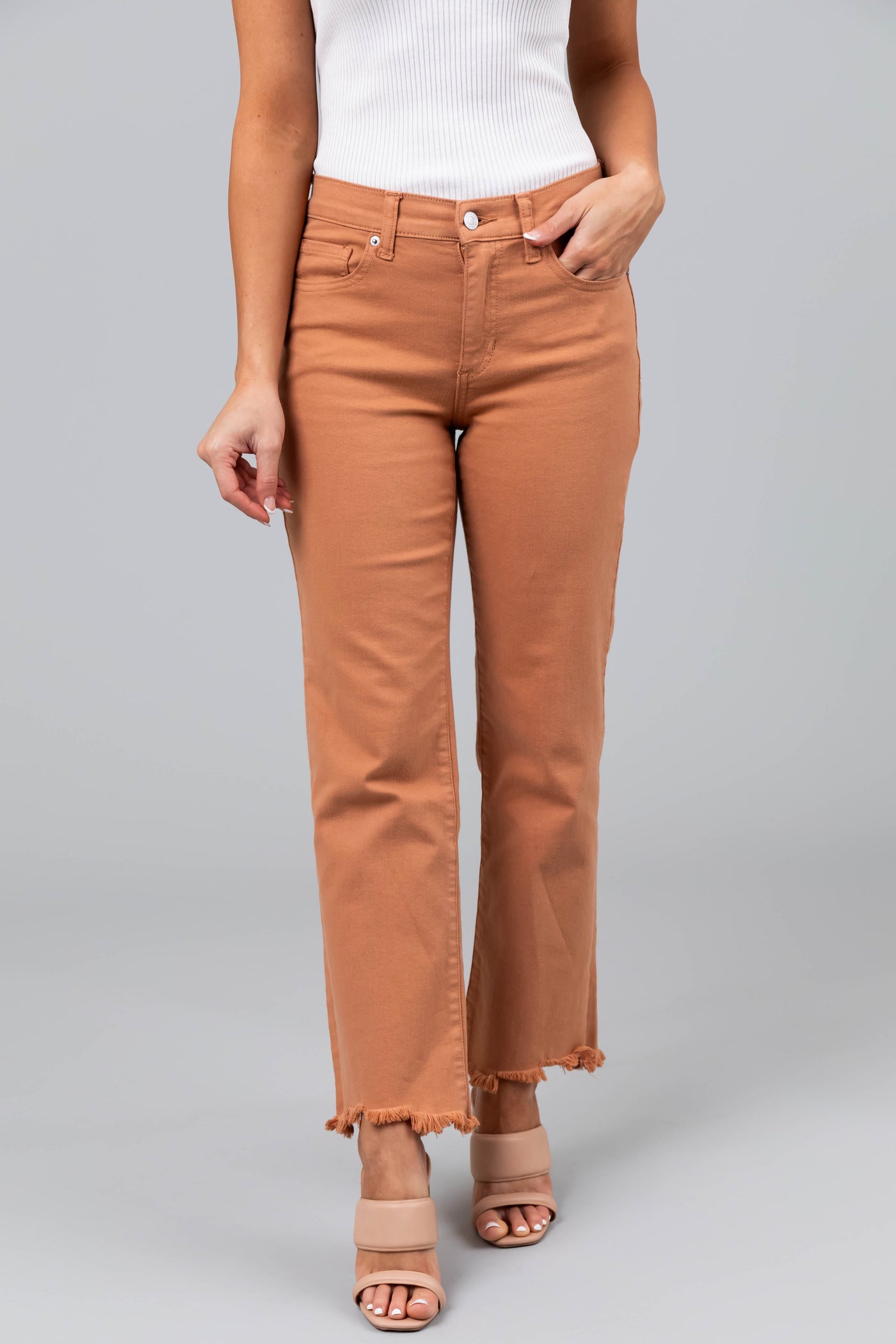 Sneak Peek Melon Mid Rise Frayed Hem Jeans
