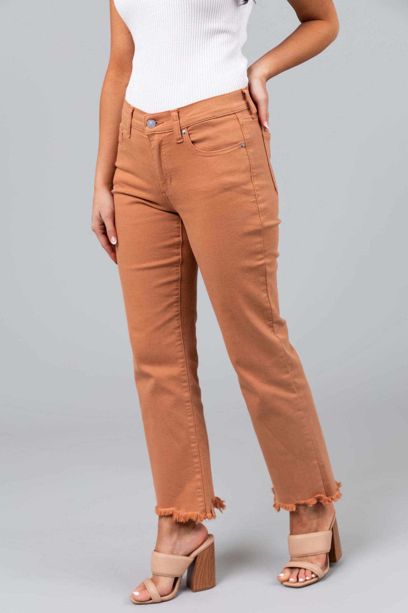 Sneak Peek Melon Mid Rise Frayed Hem Jeans