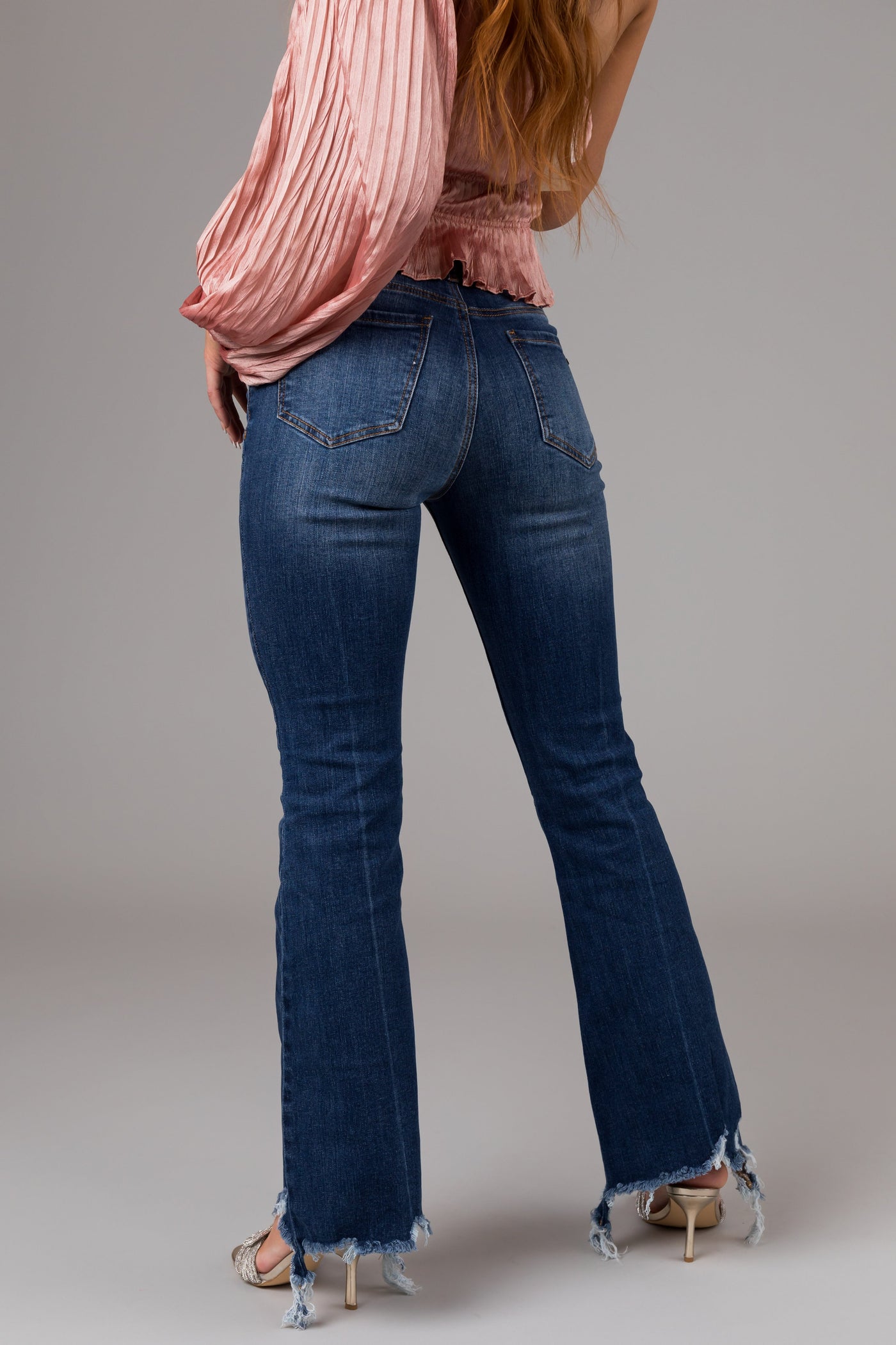 Special A Medium Wash Mid Rise Flare Cut Raw Hem Jeans