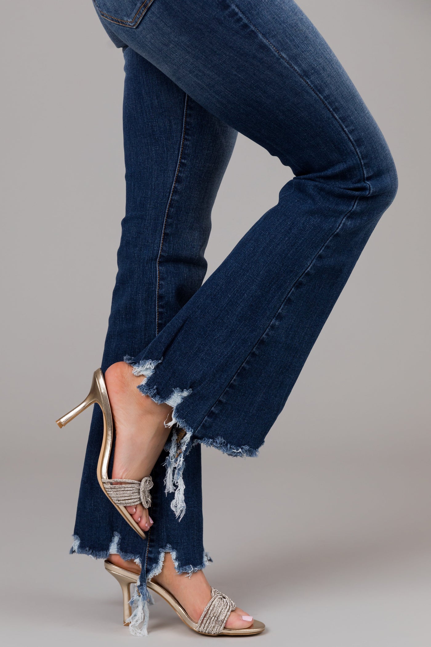 Special A Medium Wash Mid Rise Flare Cut Raw Hem Jeans