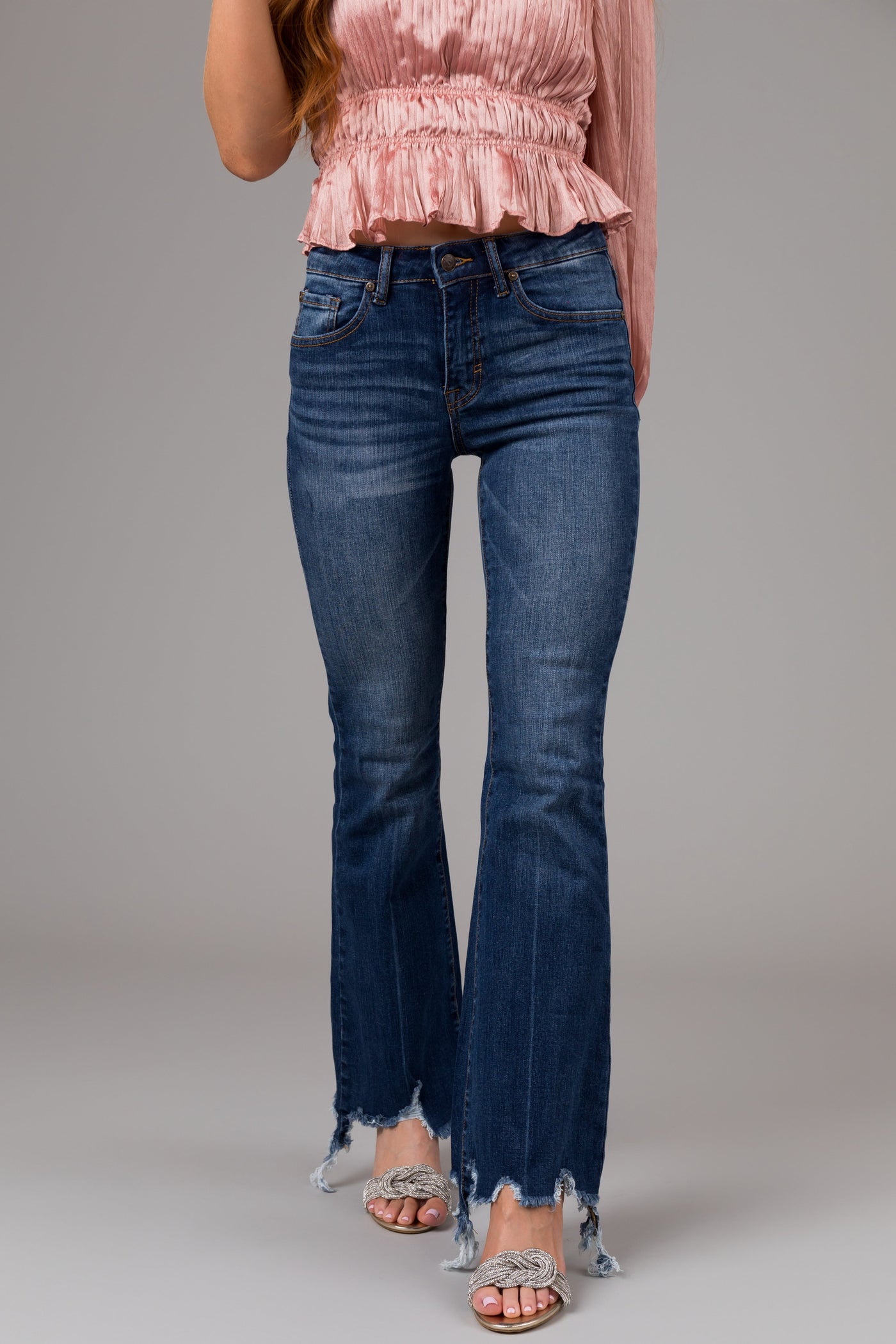 Special A Medium Wash Mid Rise Flare Cut Raw Hem Jeans