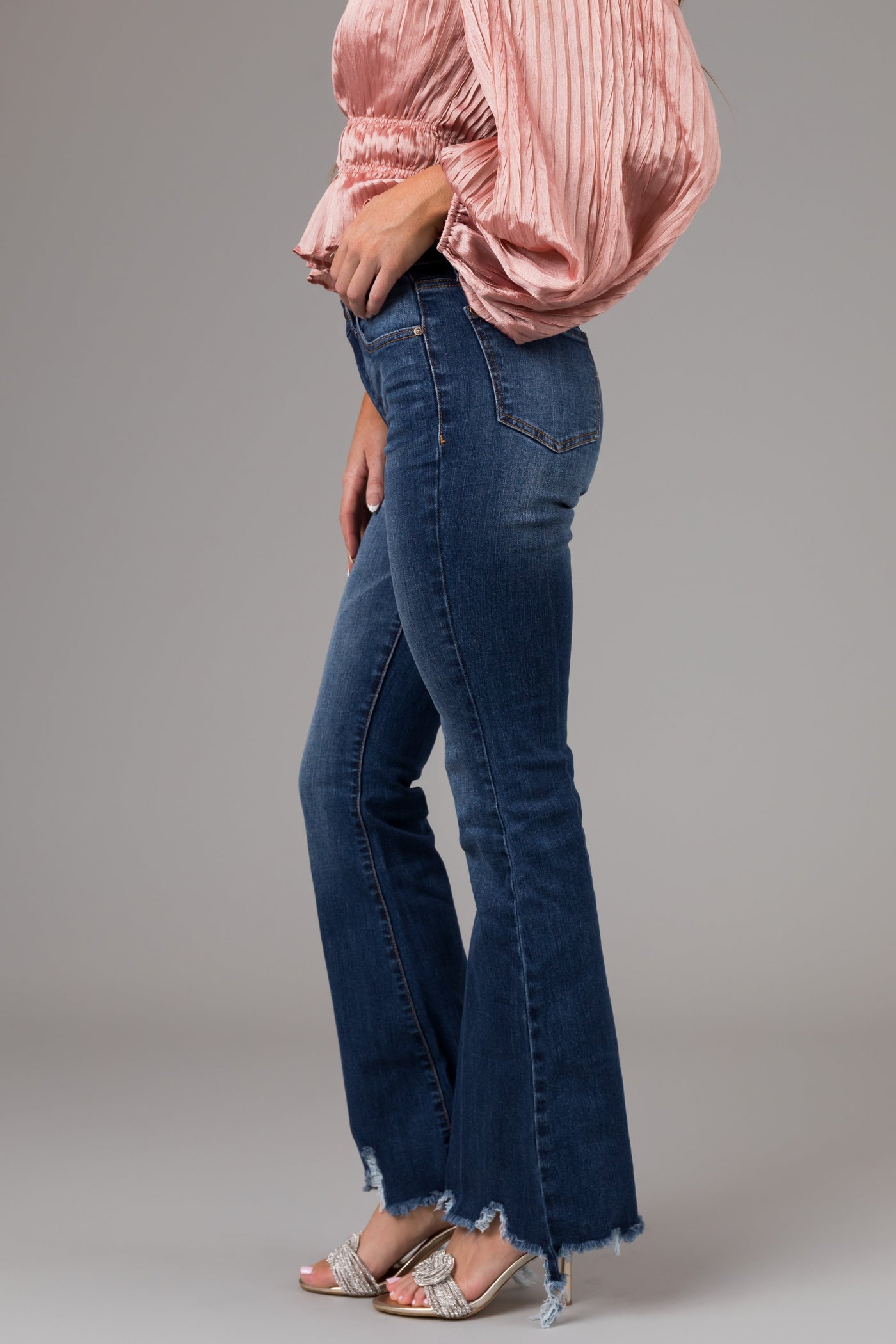 Special A Medium Wash Mid Rise Flare Cut Raw Hem Jeans