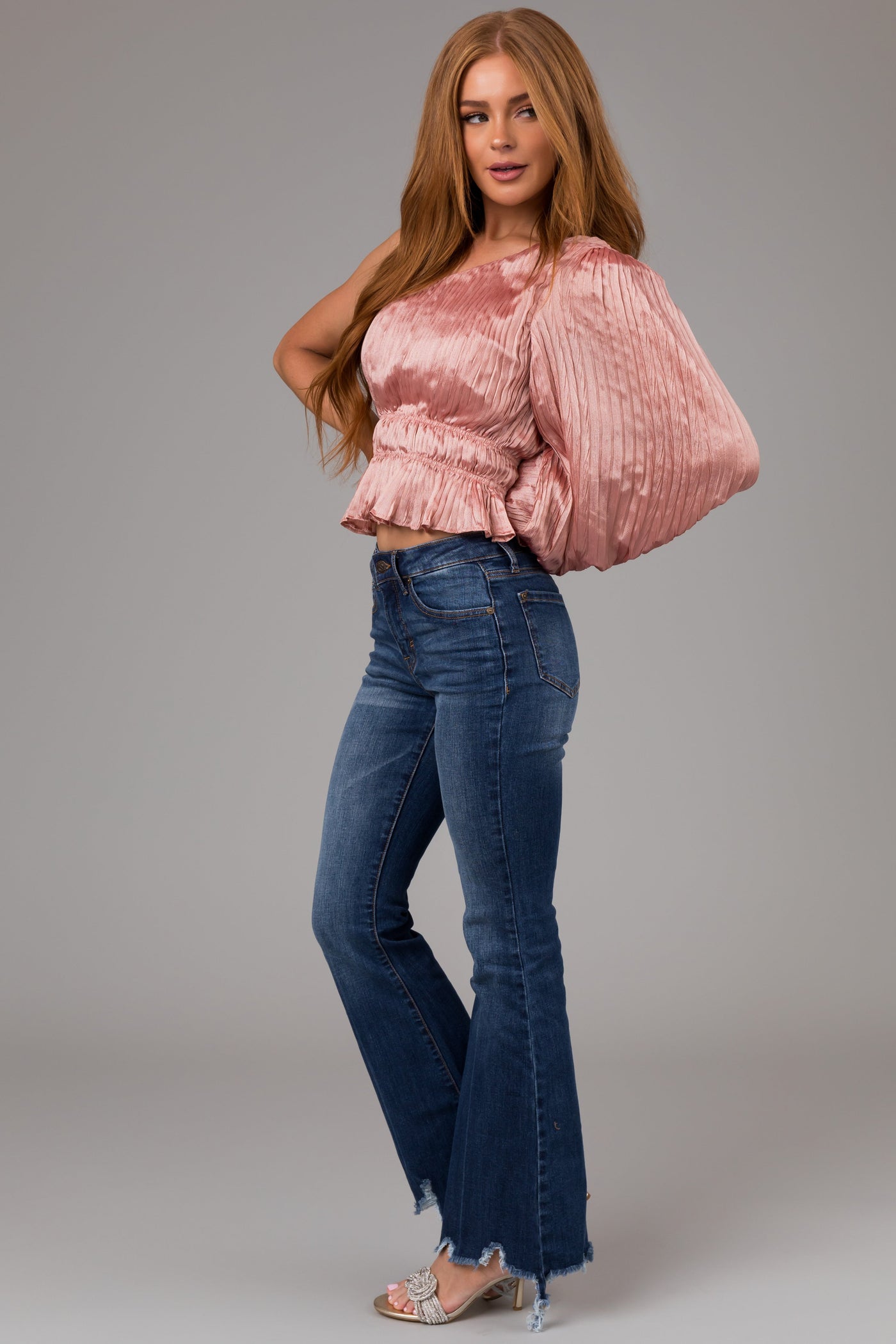 Special A Medium Wash Mid Rise Flare Cut Raw Hem Jeans