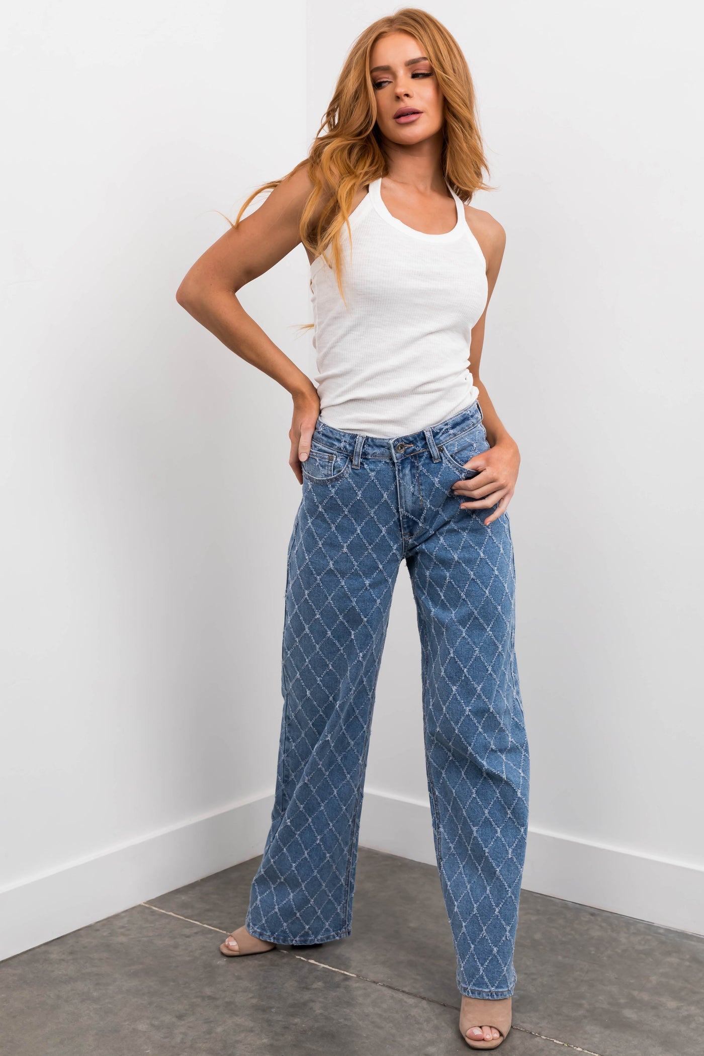 Special A Medium Wash Quilted Pattern Jeans