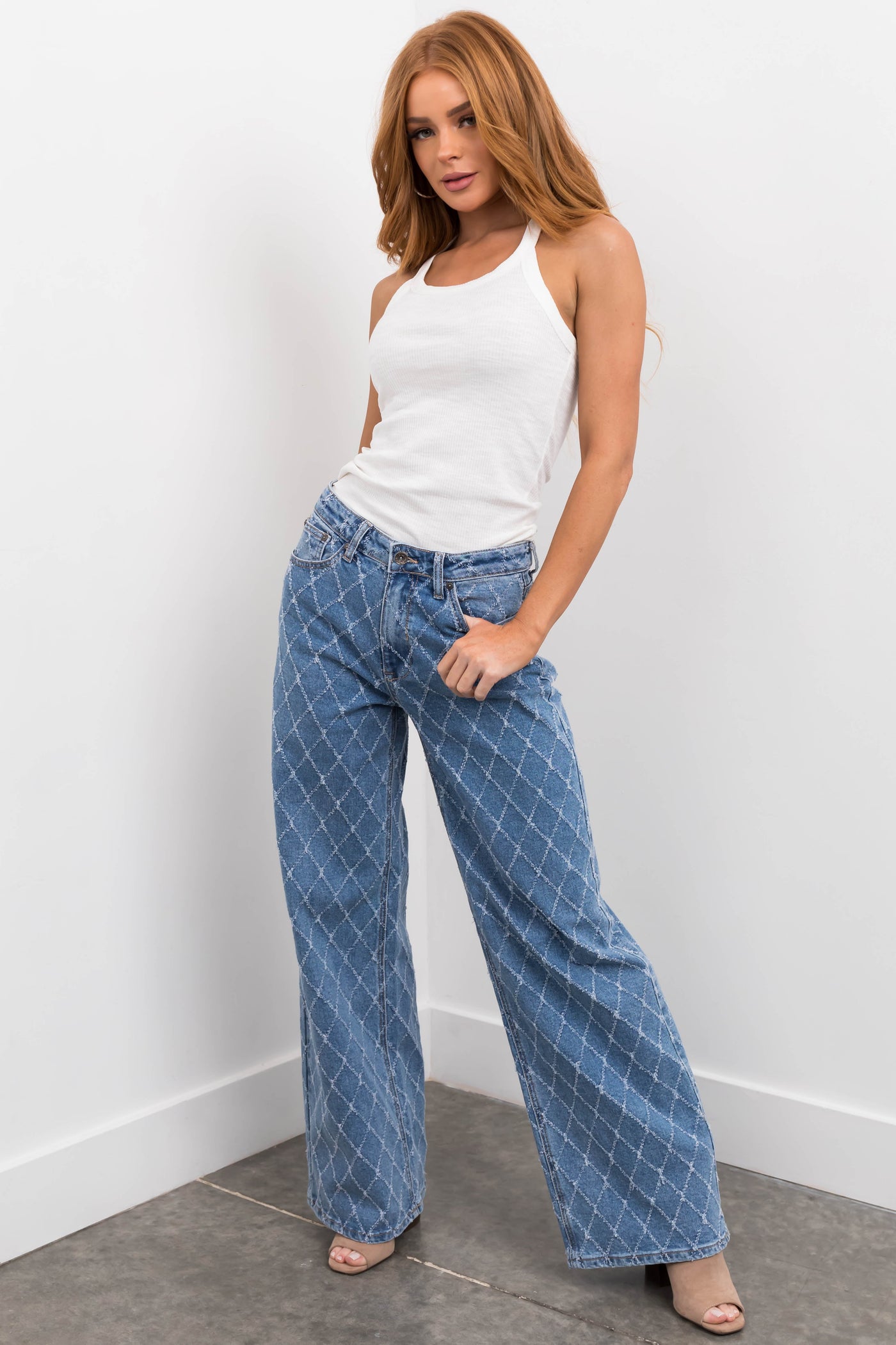 Special A Medium Wash Quilted Pattern Jeans