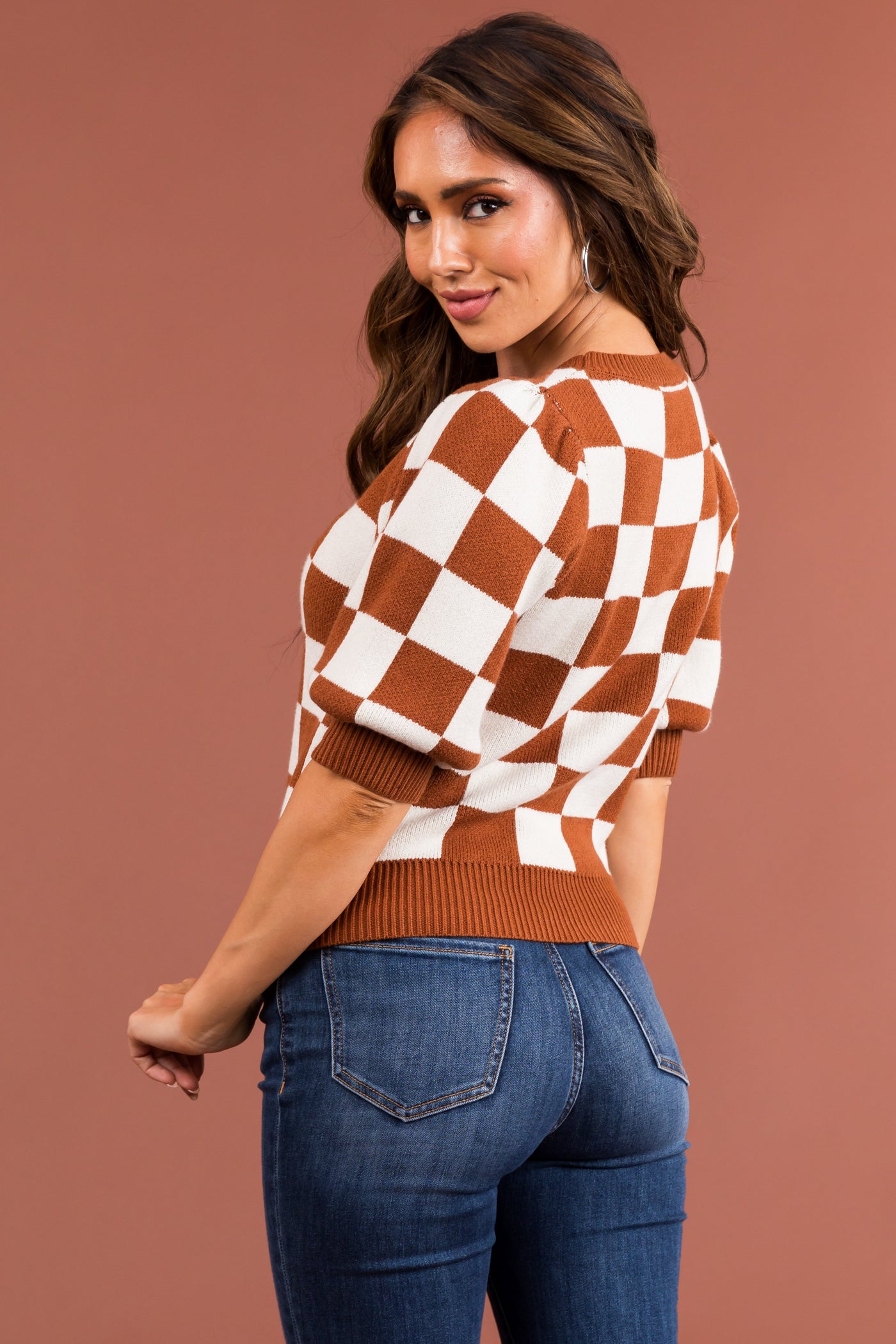 Spice and Ivory Checkered Puff Sleeve Knit Top