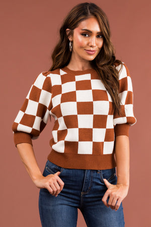Spice and Ivory Checkered Puff Sleeve Knit Top