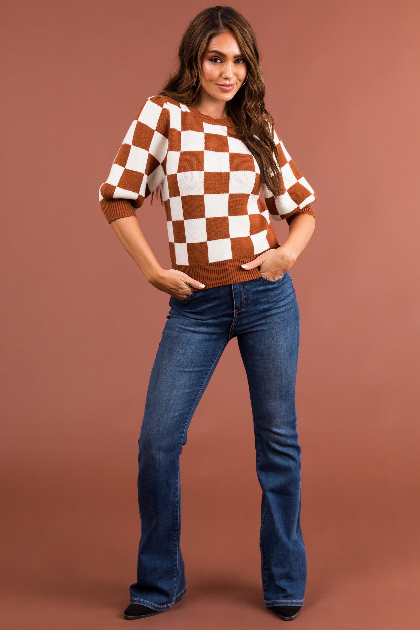 Spice and Ivory Checkered Puff Sleeve Knit Top