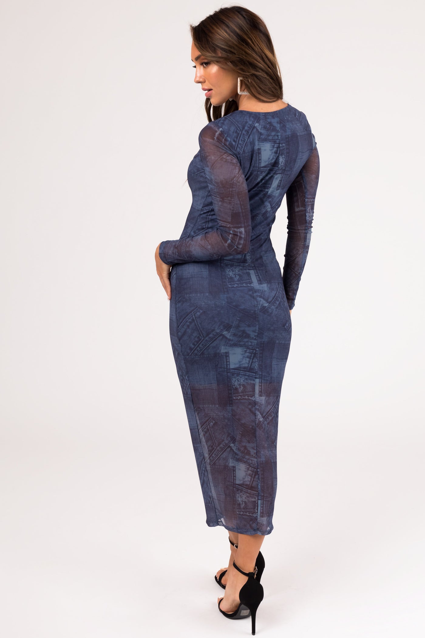 Steel Blue Denim Patch Print Maxi Dress