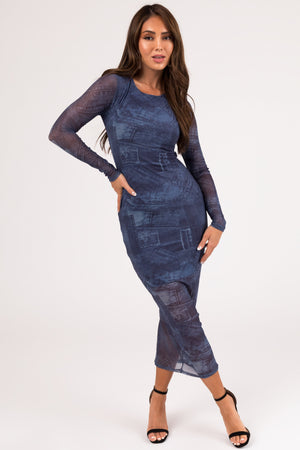 Steel Blue Denim Patch Print Maxi Dress