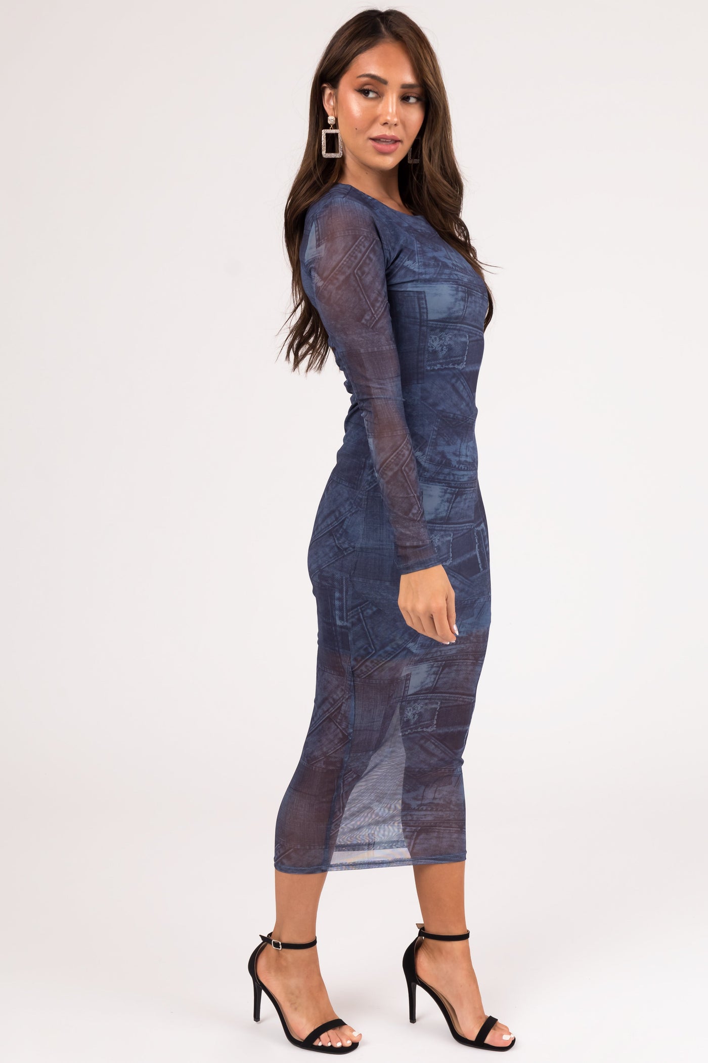 Steel Blue Denim Patch Print Maxi Dress