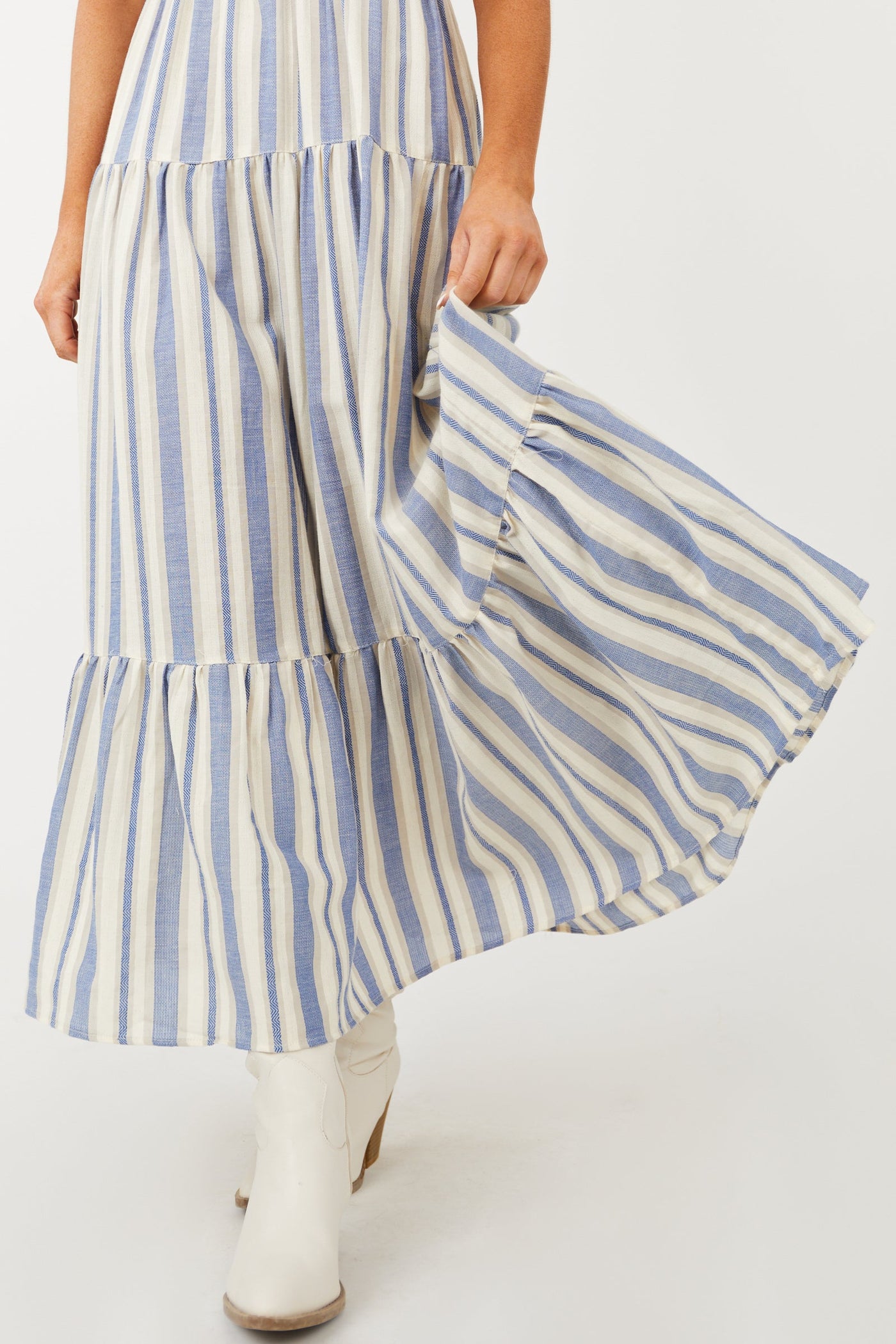 Steel Blue and Cream V Neck Tiered Maxi Dress