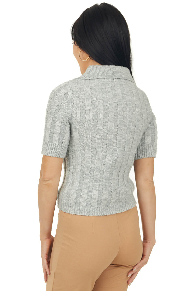 Steel Short Sleeve Collared Ribbed Knit Sweater