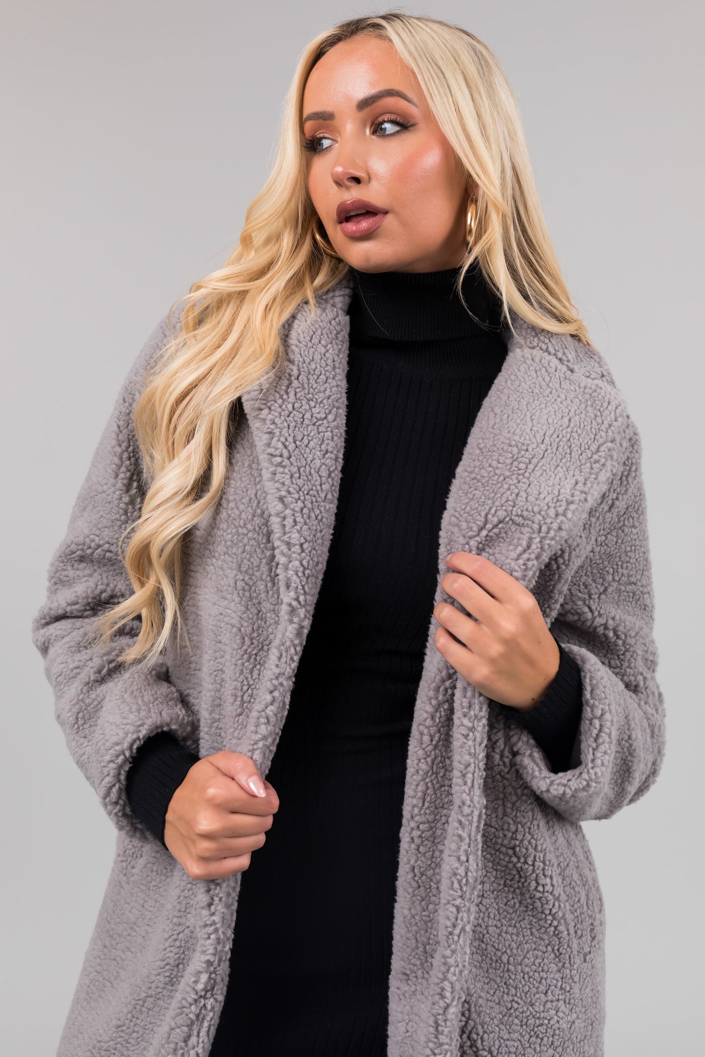 Stone Grey Longline Teddy Coat with Pockets