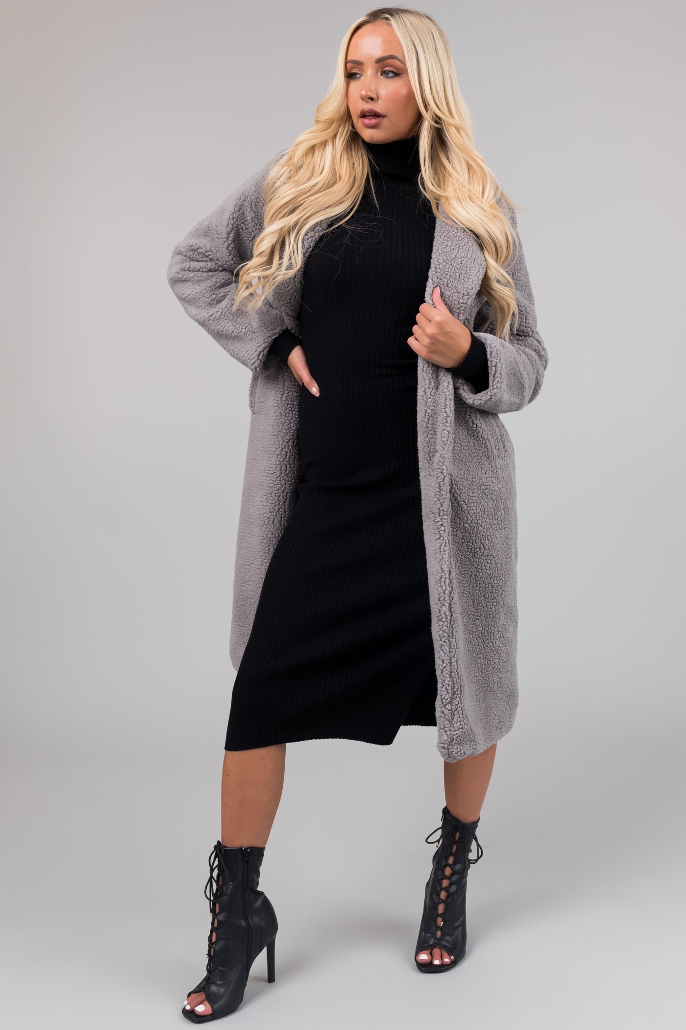 Stone Grey Longline Teddy Coat with Pockets
