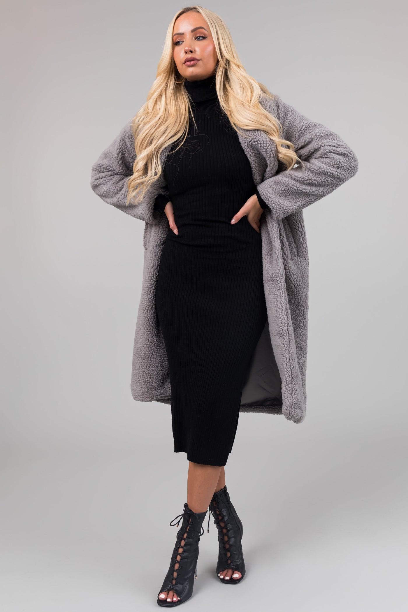 Stone Grey Longline Teddy Coat with Pockets
