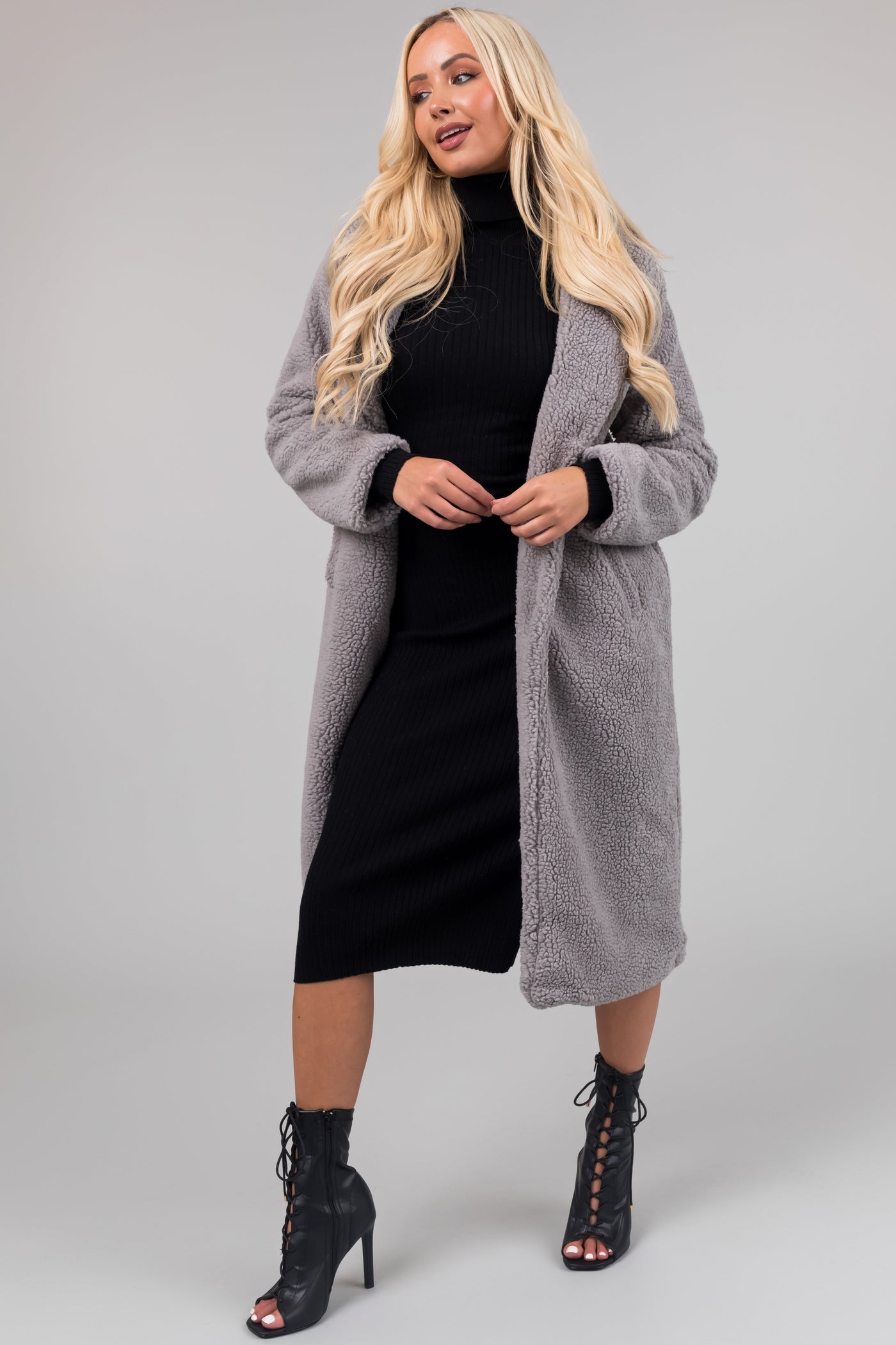 Stone Grey Longline Teddy Coat with Pockets
