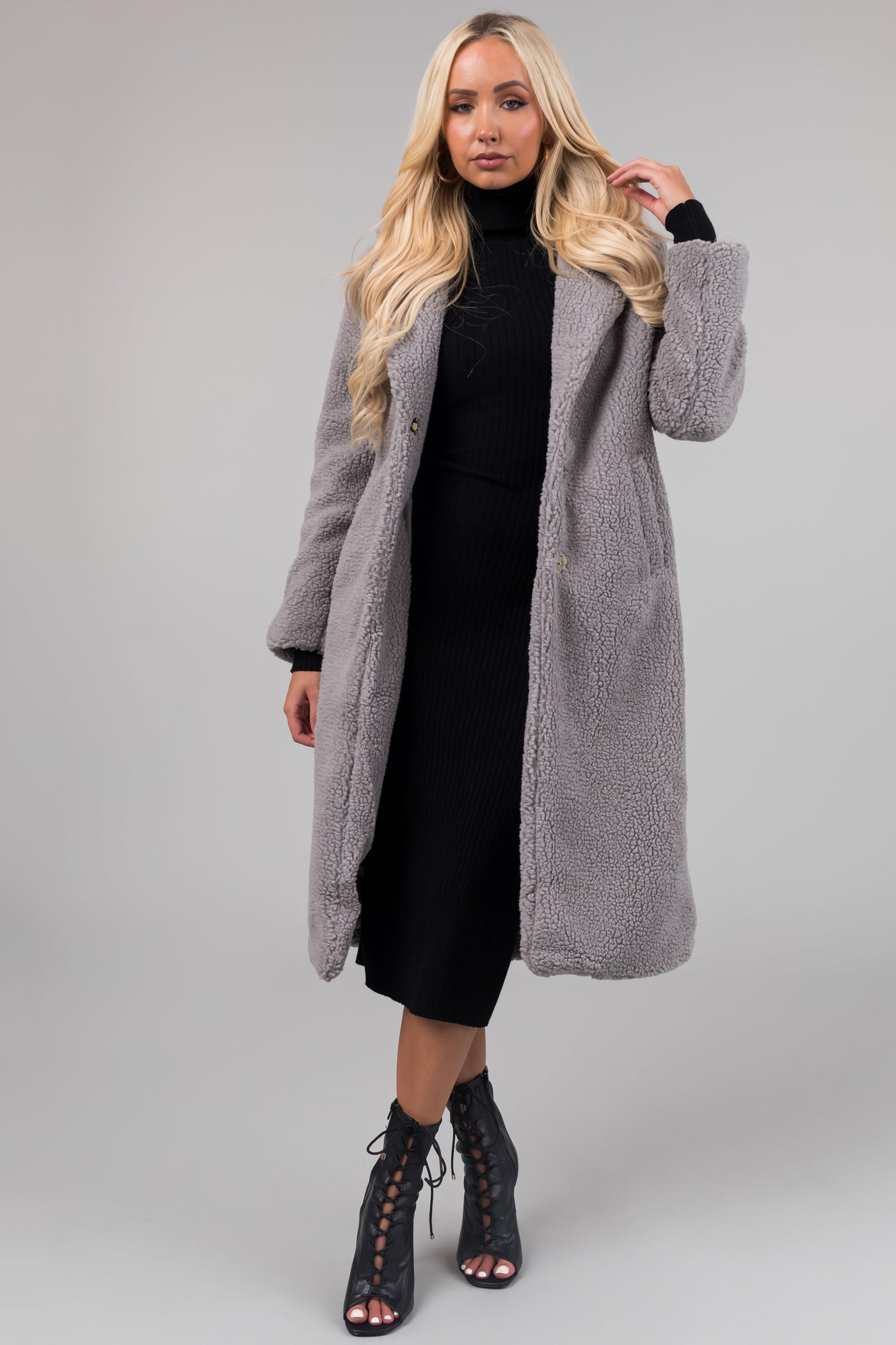 Stone Grey Longline Teddy Coat with Pockets