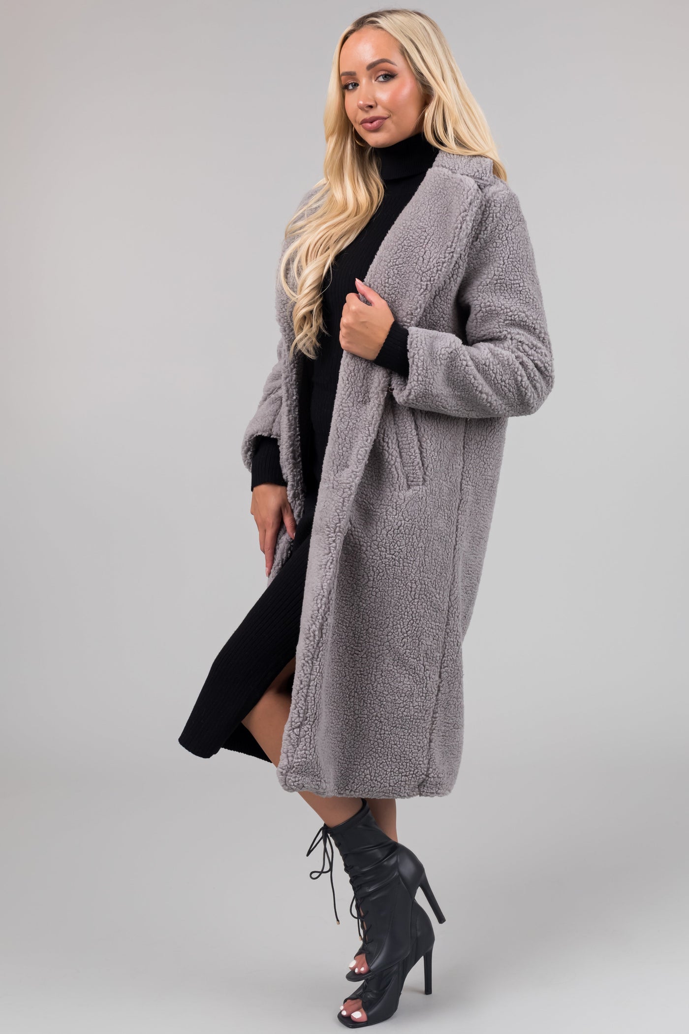 Stone Grey Longline Teddy Coat with Pockets