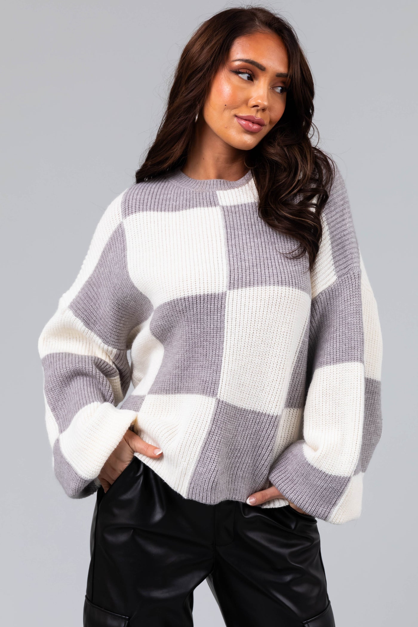 Stone and Cream Checkered Oversized Sweater