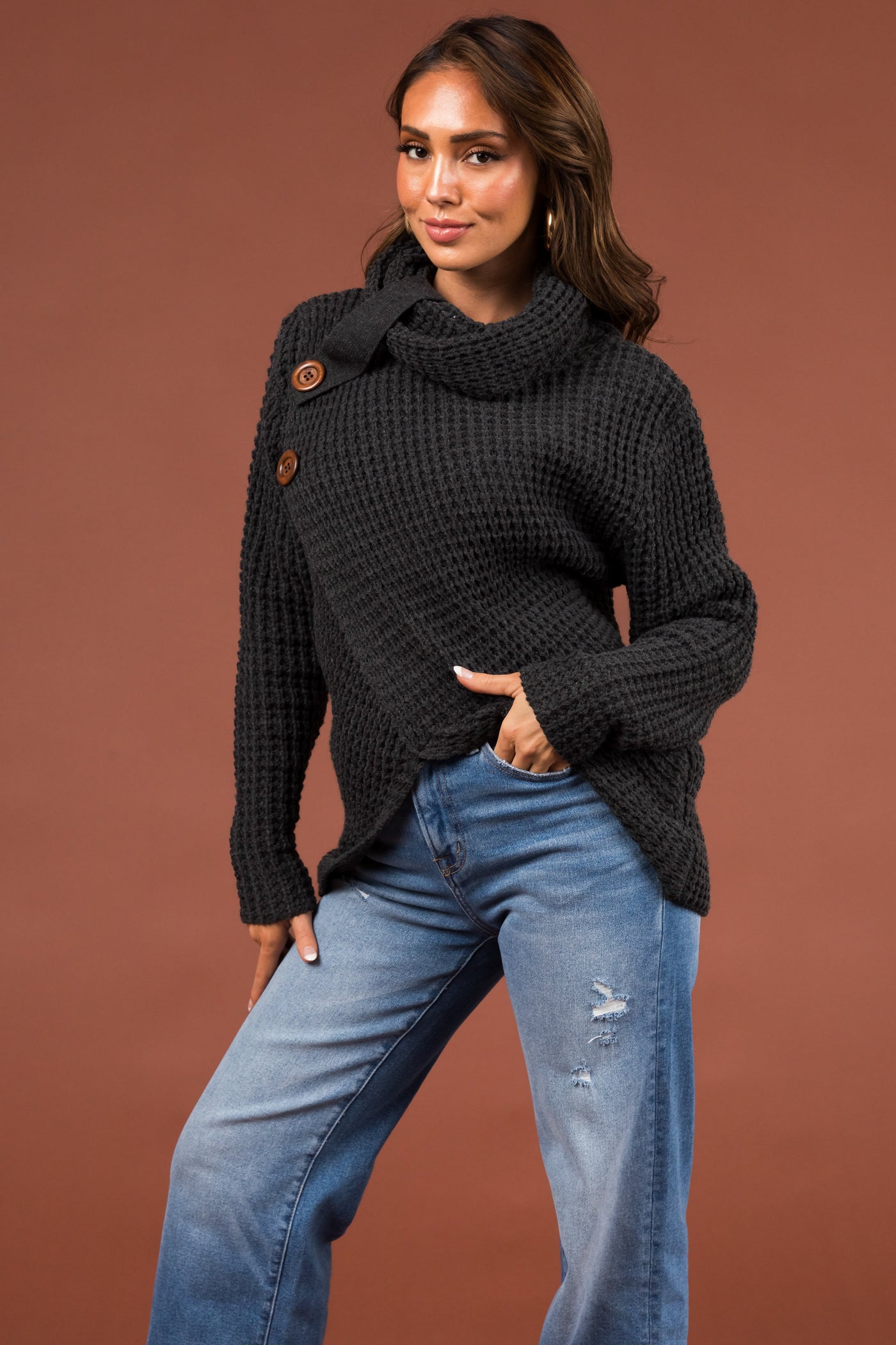 Stormy Grey Cowl Neck Tulip Hem Wrap Knit Sweater