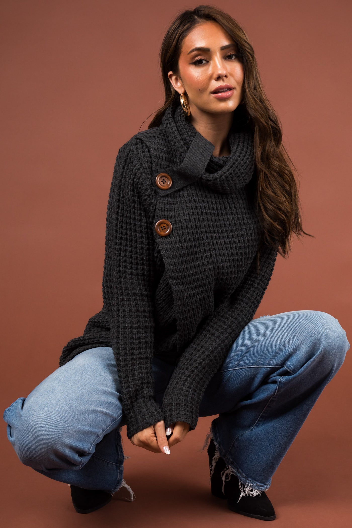 Stormy Grey Cowl Neck Tulip Hem Wrap Knit Sweater