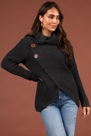 Stormy Grey Cowl Neck Tulip Hem Wrap Knit Sweater