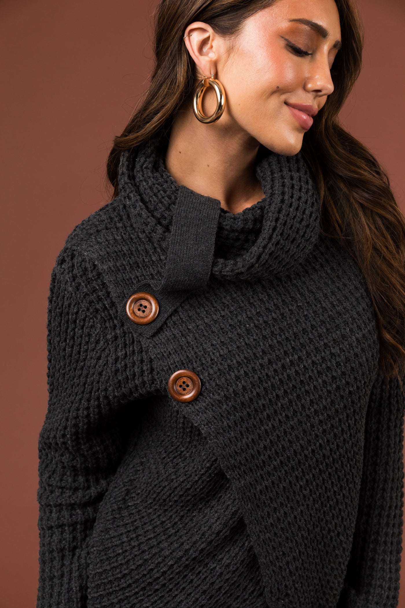 Stormy Grey Cowl Neck Tulip Hem Wrap Knit Sweater