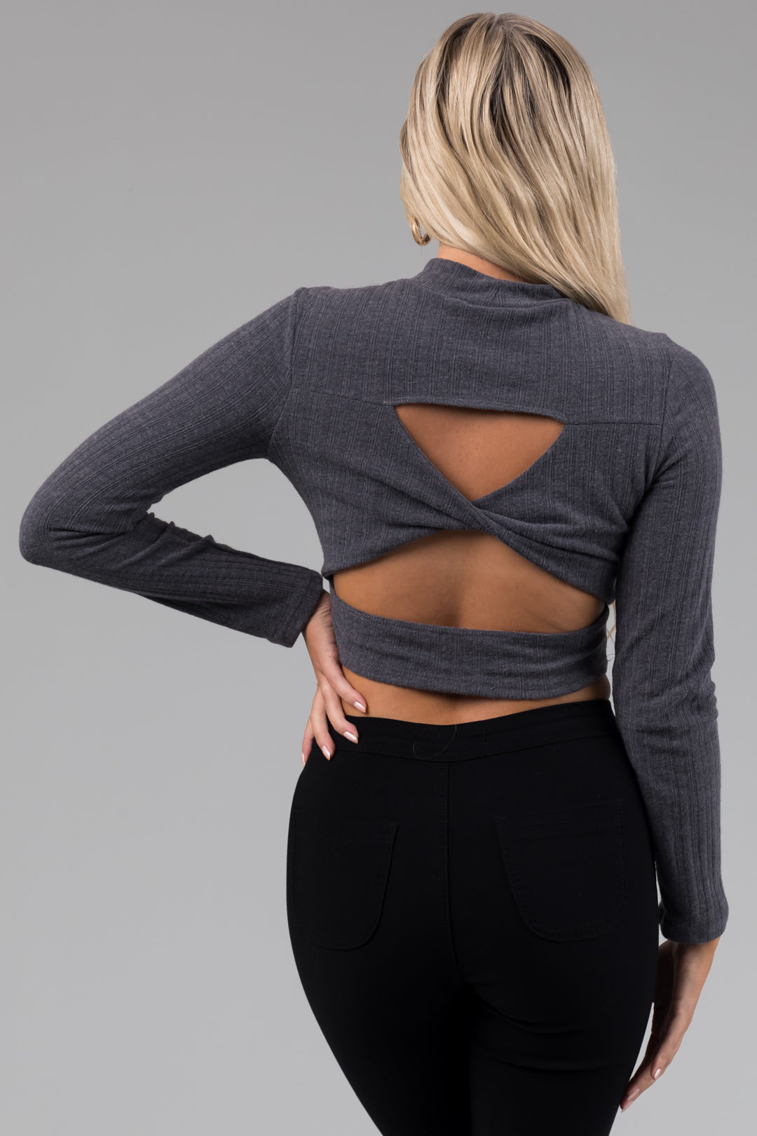 Stormy Grey Criss Cross Cut Out Back Crop Top
