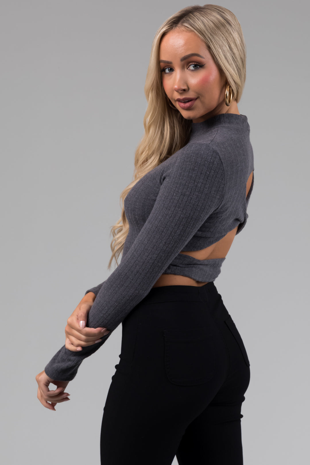 Stormy Grey Criss Cross Cut Out Back Crop Top