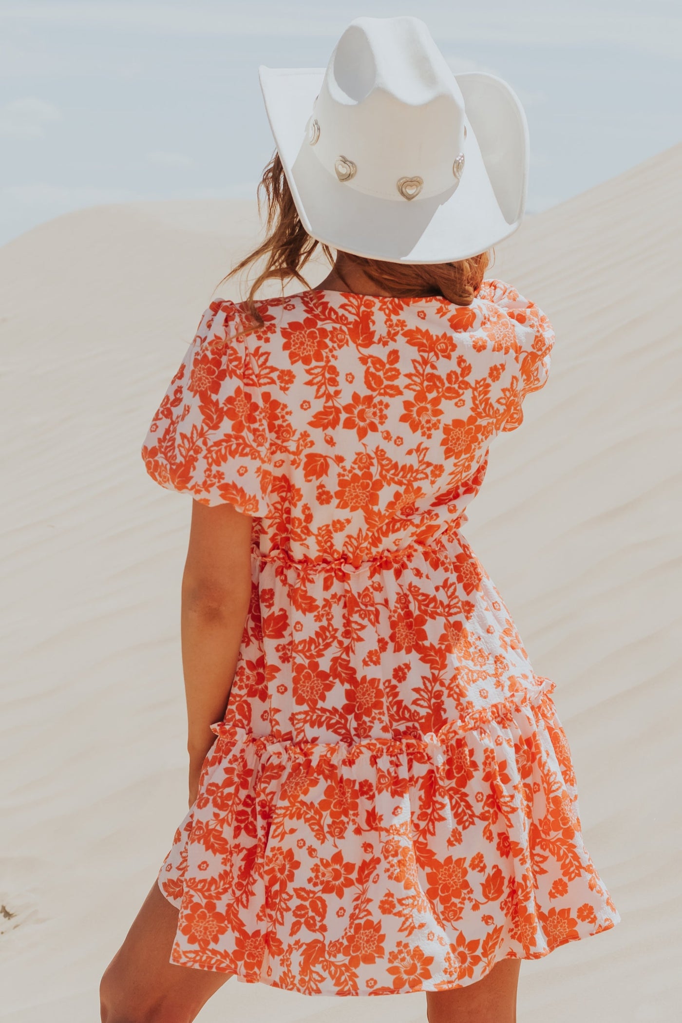 Sunset Floral Print Puff Sleeve Tiered Mini Dress