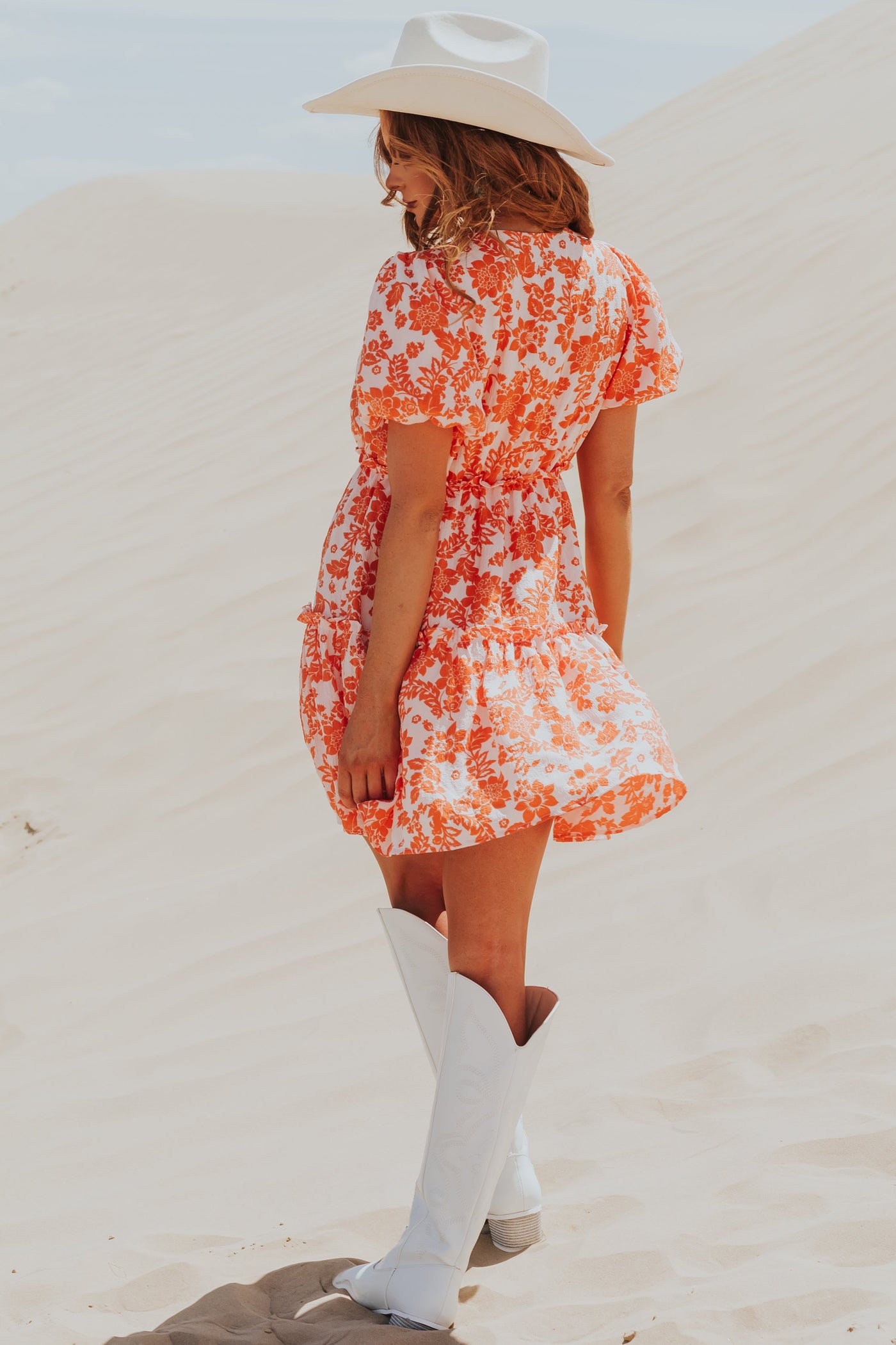 Sunset Floral Print Puff Sleeve Tiered Mini Dress