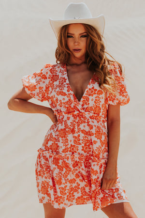 Sunset Floral Print Puff Sleeve Tiered Mini Dress