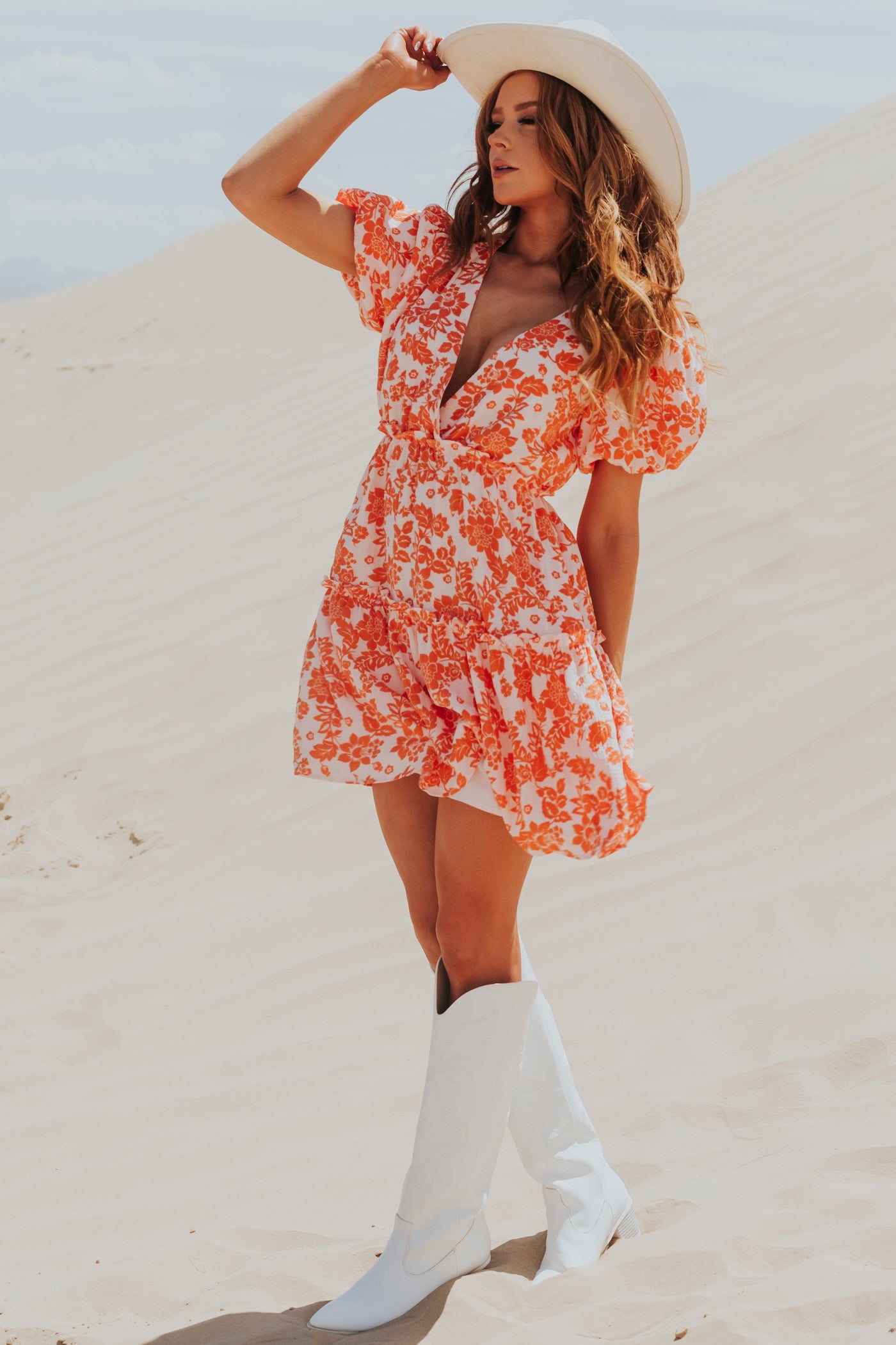 Sunset Floral Print Puff Sleeve Tiered Mini Dress