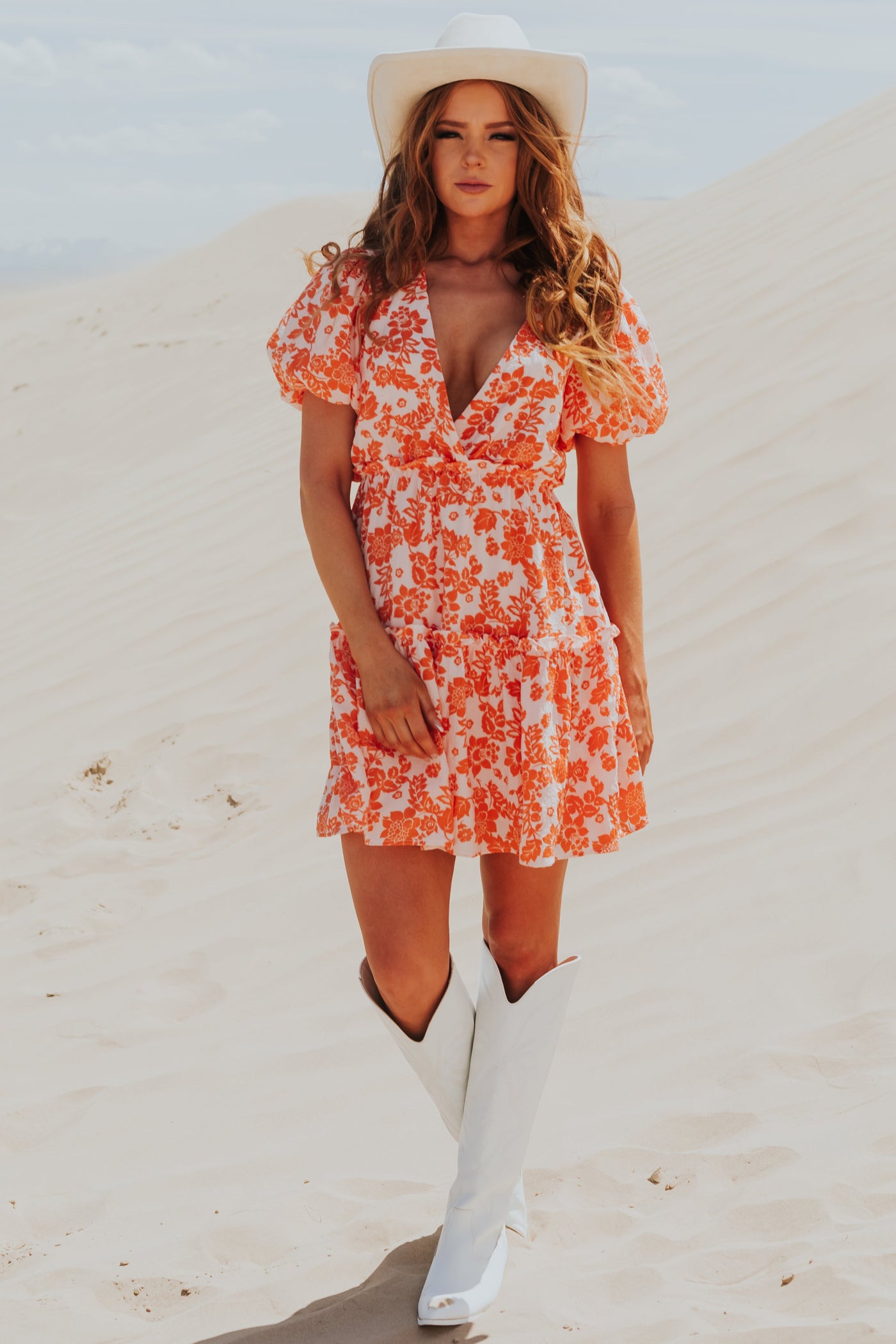 Sunset Floral Print Puff Sleeve Tiered Mini Dress