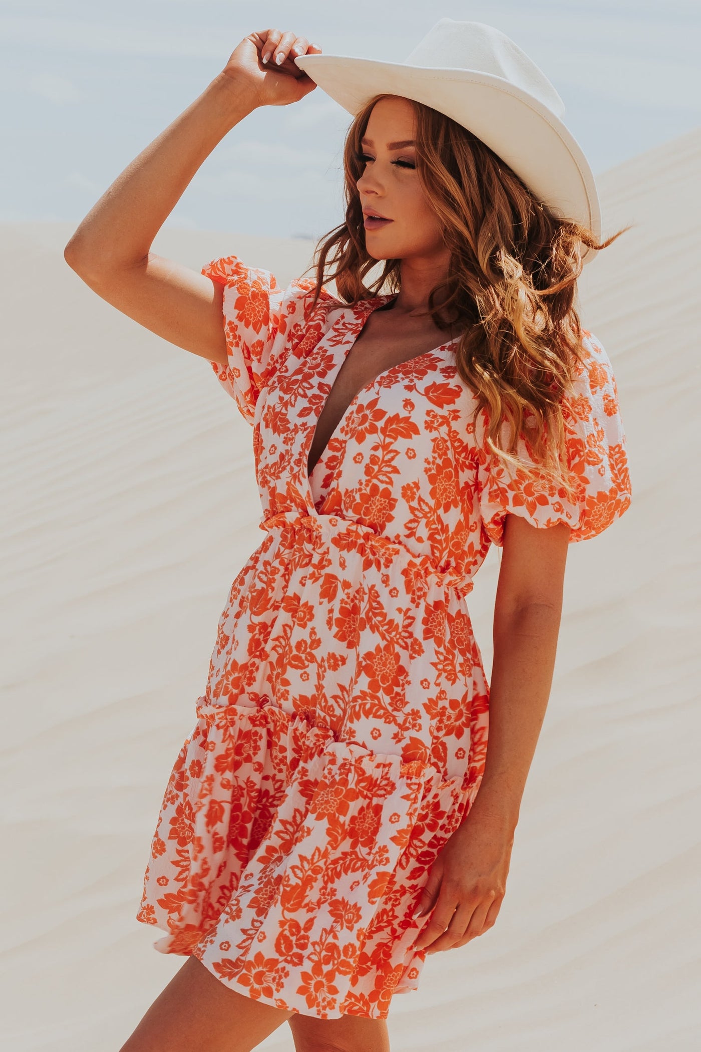 Sunset Floral Print Puff Sleeve Tiered Mini Dress